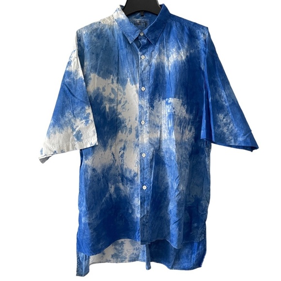 HEET Sportswear Blue Tie Die Tropical Hawaiian Cotton Button Down‎ Top Vintage - Picture 1 of 7